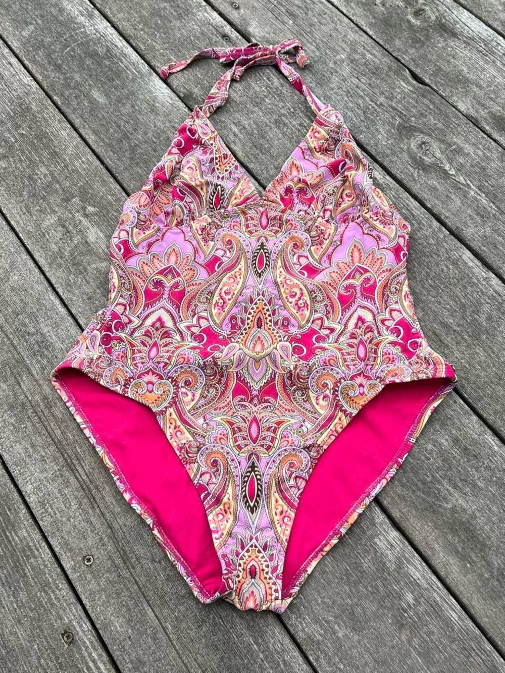 pink paisley print one piece swimsuit